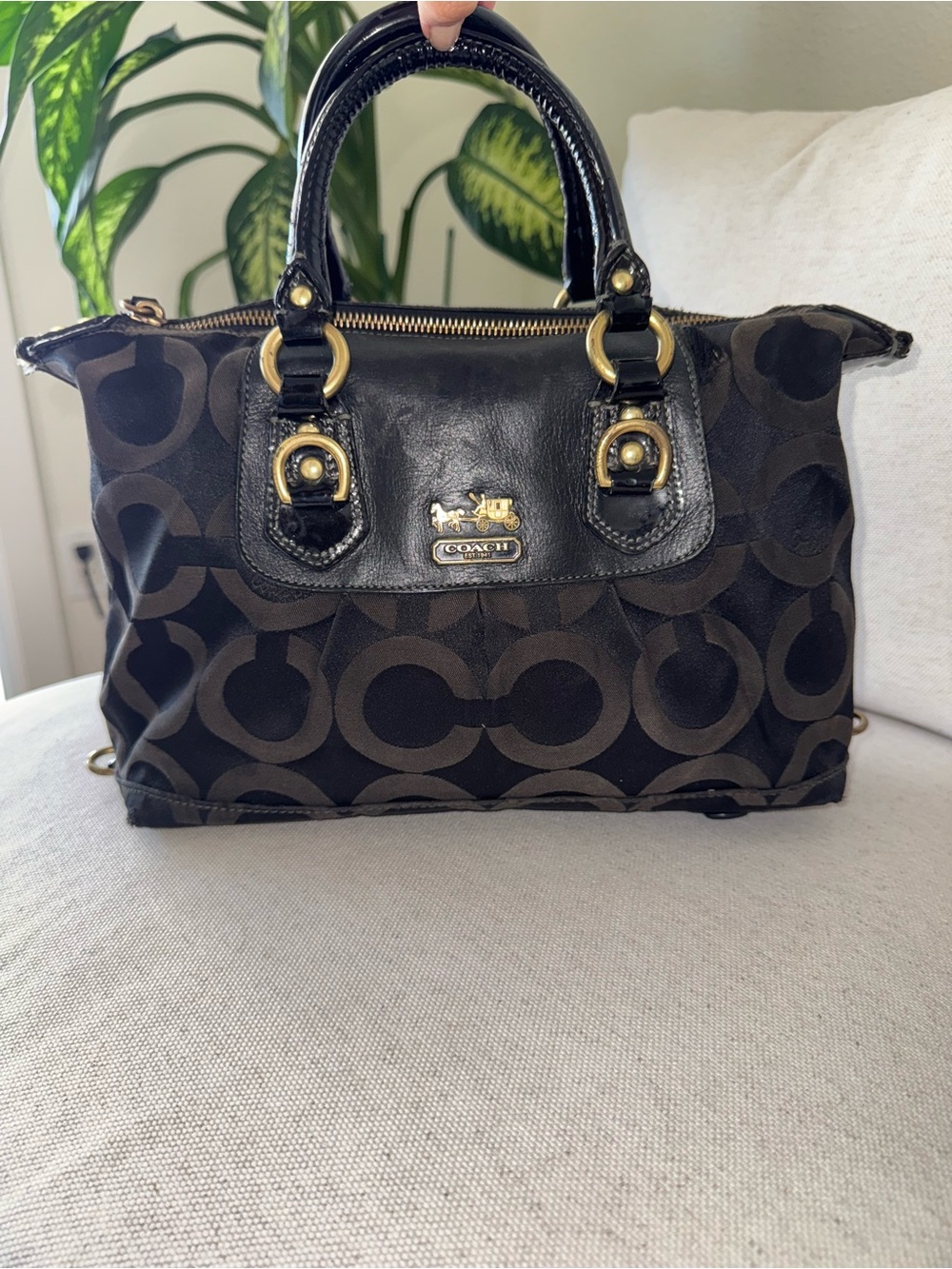 Coach Vintage Madison Op Art Sabrina Black Satchel Signature C-Pattern Y2K-READ